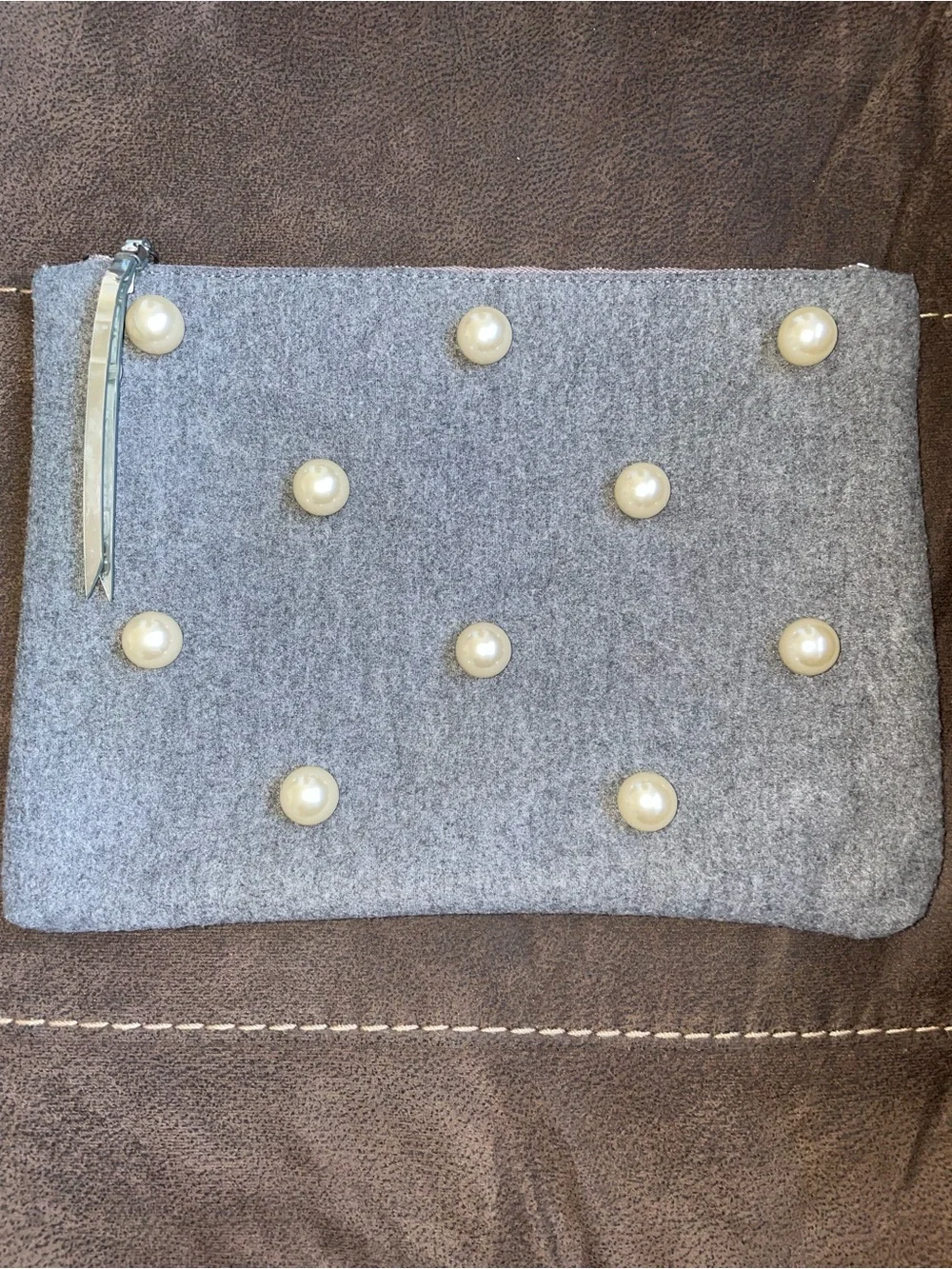 Banana Republic Gray Felt Pearl Wristlet Clutch Pouch